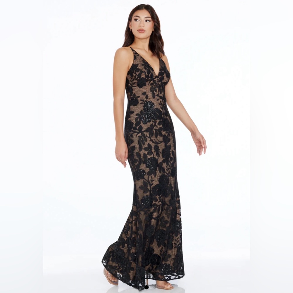 $328 Dress the Population Sharon Black Floral Sequin Lace Gown Dress, XS - Picture 2 of 6